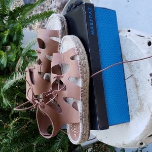 Genuine leather tan lace up espadrille sandals 38